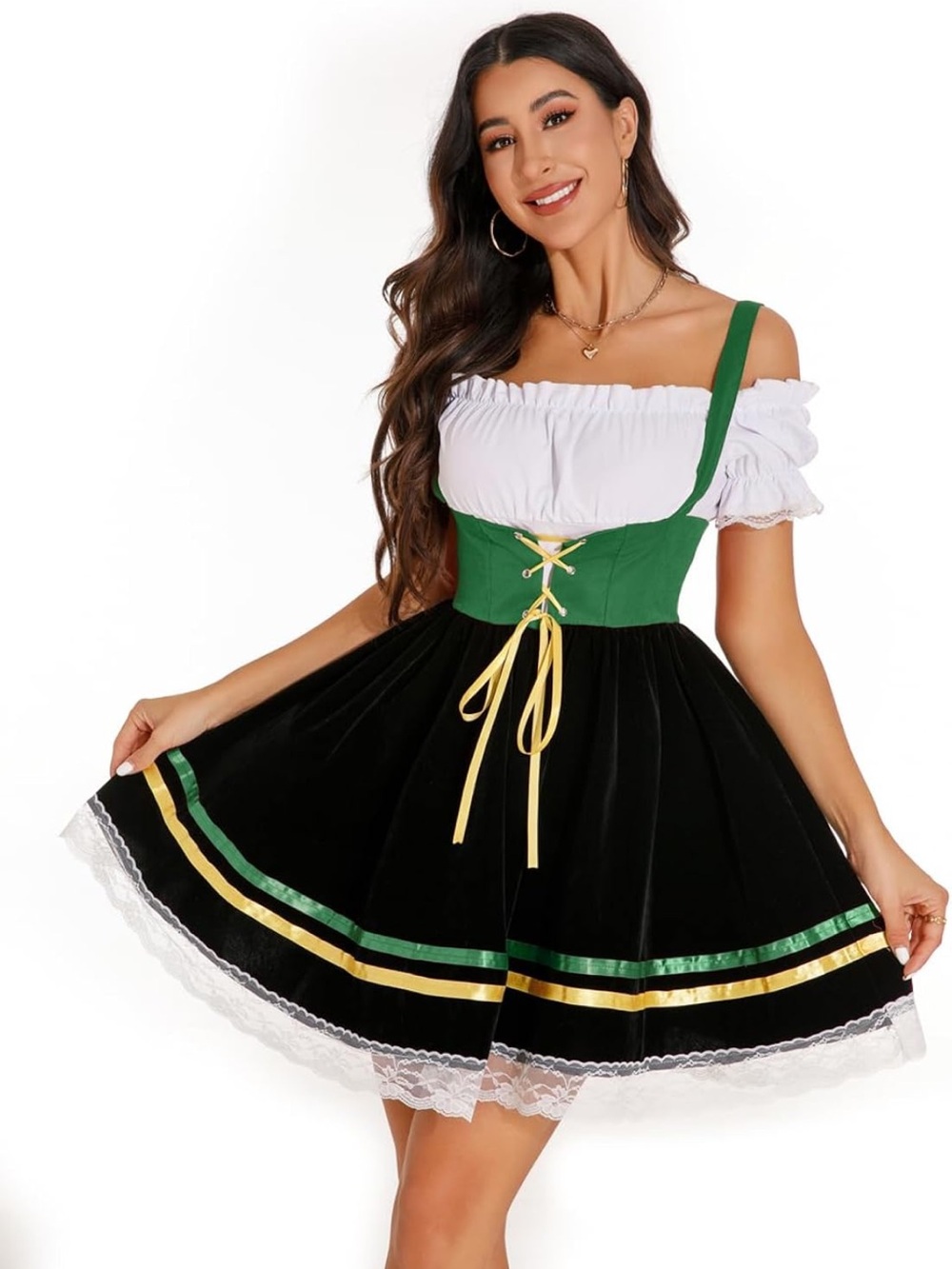 NEW Green & Black Oktoberfest Costume Dress with Yellow Ribbon Lace Trim Medium